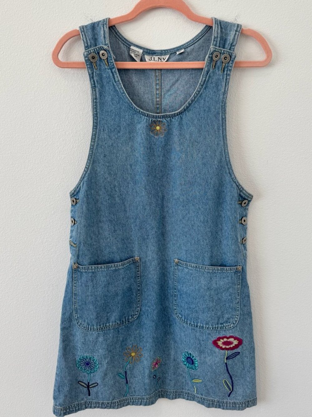 J.L.N.Y. Vintage Embroidered Floral Denim Pinafore Dress